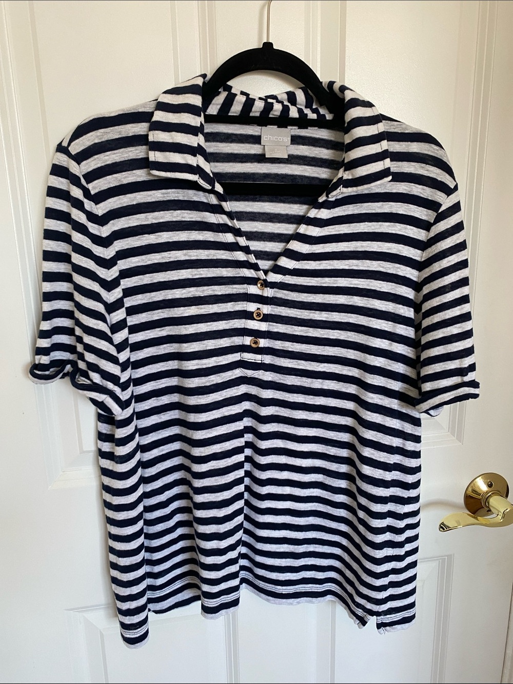 Chico's Women’s Navy & White Striped Polo Shirt EUC, Size L